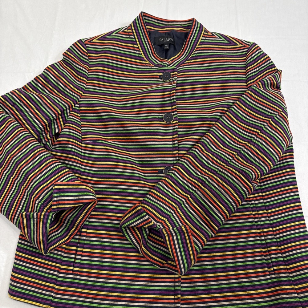 BLAZER  Jacket WOMEN 12 P  Brocade Stripe Mock Neck Button Up Artsy‎